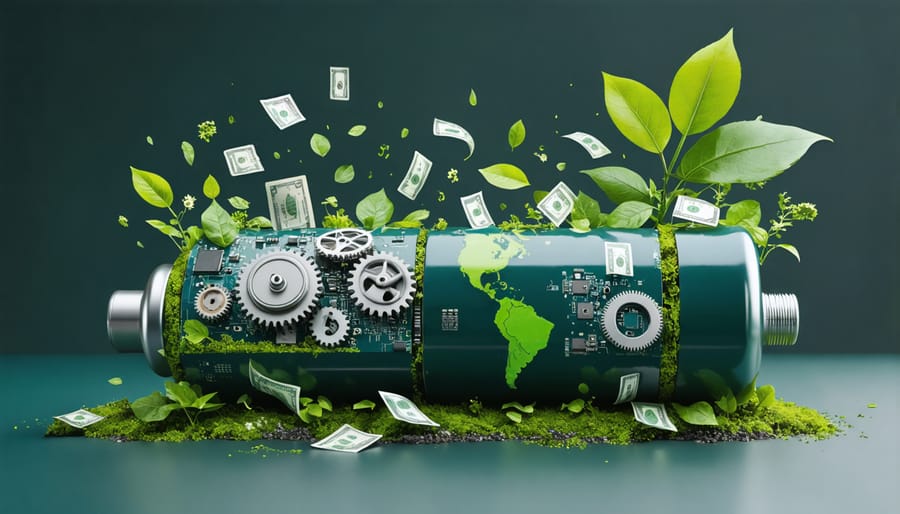 A conceptual image of a lithium battery being recycled, showing internal gears, circuitry, and symbols of money and green energy to represent profitability and sustainability.