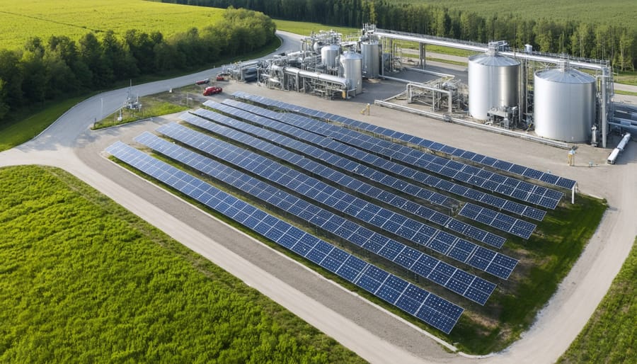 Large-scale bioenergy production facility showing integrated renewable energy systems