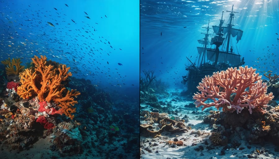 Split image illustrating the stark contrast between a thriving marine ecosystem with vibrant coral reefs and diverse species on one side, and the devastating effects of human activities with plastic pollution and fading corals on the other.