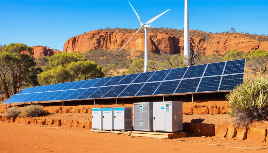 Illustration depicting an off-grid energy setup in the Australian landscape, featuring solar panels, wind turbines, and battery storage units.