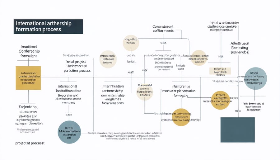 Step-by-step visual guide showing the progression from conference networking to successful project partnership