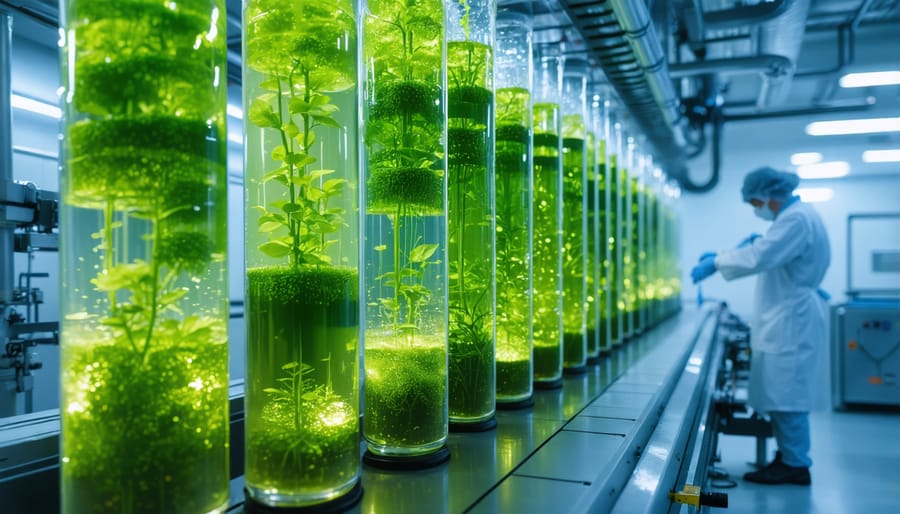 Advanced photobioreactor system for algae cultivation with scientists monitoring equipment