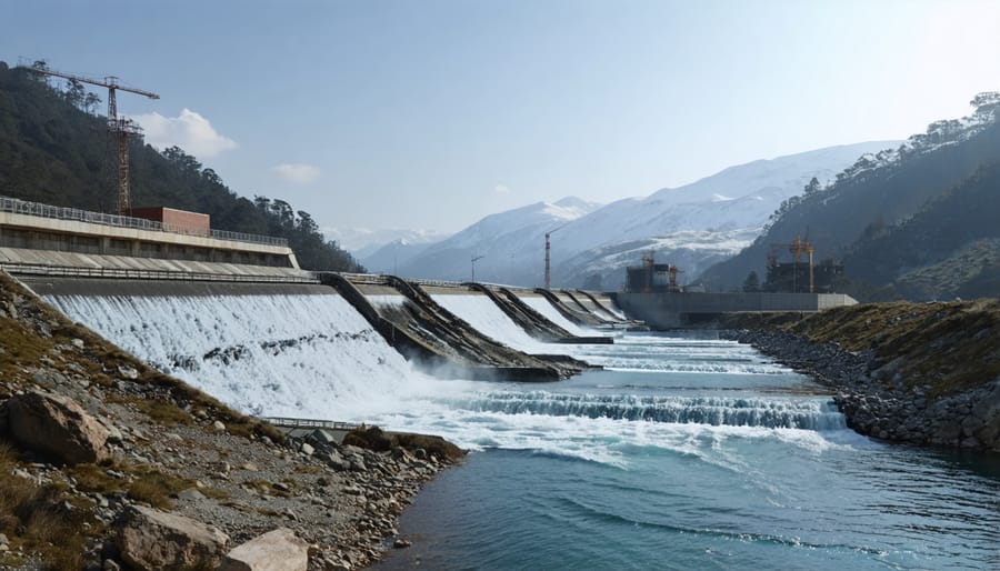 Aerial view of pumped hydro reservoir and power station in mountainous terrain