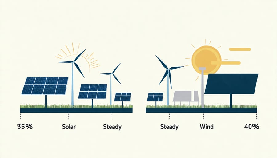 Graph comparing variable renewable energy output with traditional baseload power over 24 hours