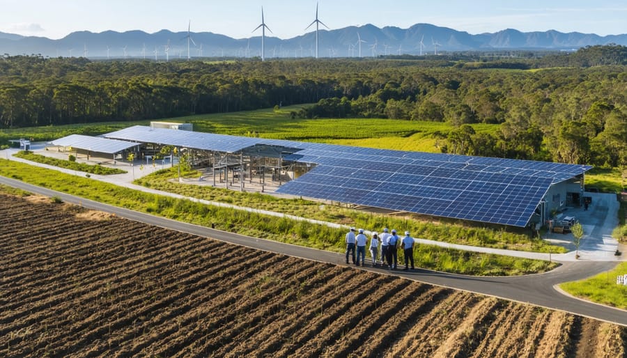 Rural Australian landscape featuring a modern bioenergy facility amongst sugarcane fields and forests, with wind turbines and solar panels in the background; farmers and industry professionals working together, symbolizing community empowerment and sustainable development.