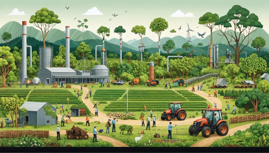 Farmers and workers engaging in biomass collection and processing in a rural Australian setting, with a biomass processing facility and lush agricultural landscapes in the background, representing economic growth and community revitalization.