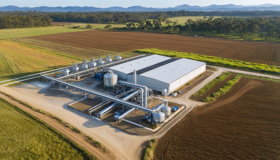 Large industrial biomass processing plant with trucks and storage facilities, surrounded by farmland