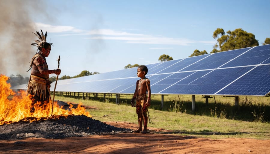 An Indigenous elder teaches a younger community member traditional fire management techniques in the foreground, with a modern solar panel field in the background, blending ancient wisdom with contemporary technology.