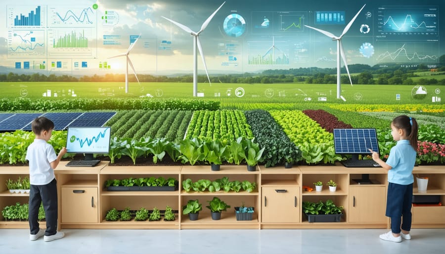 Students in a classroom energetically working with models of wind turbines, solar panels, and hydroponic systems, symbolizing the integration of agriculture, energy, and environmental sciences in education.