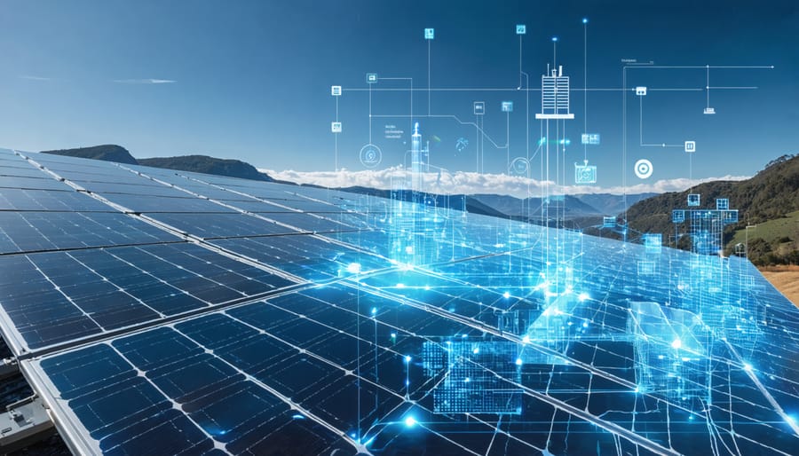 An illustration showing Australia's renewable energy grid transformation with rooftop solar, grid-scale batteries, and a pumped hydro facility, highlighted by energy flow patterns.