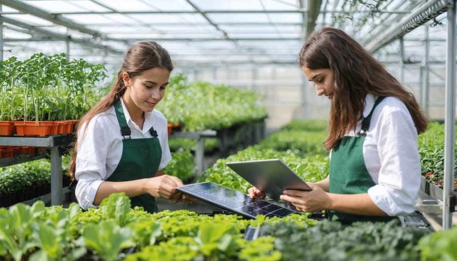 High school students installing solar panels on a greenhouse while monitoring plant growth