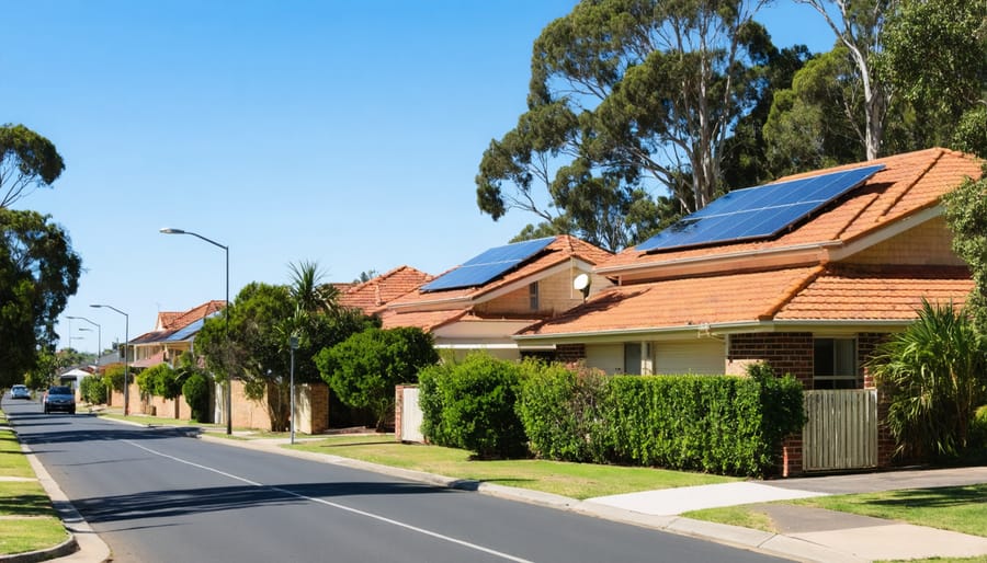 Australian residential neighborhood with widespread solar panel installations on house rooftops