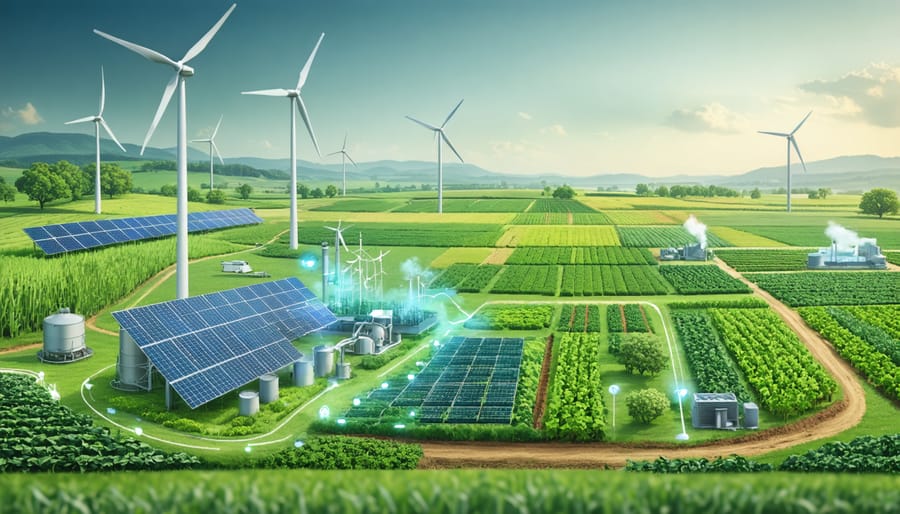 An illustration depicting a harmonious blend of agriculture and clean energy innovation, featuring a farm landscape integrated with solar panels, wind turbines, and bioreactors converting agricultural waste into energy.