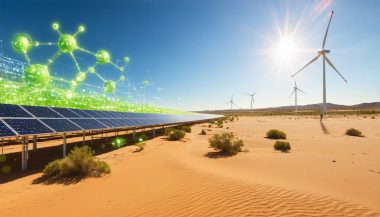 A conceptual depiction of the Western Green Energy Hub in Australia, showcasing the integration of large-scale wind turbines and solar panels under a bright sky, with symbolic representations of green hydrogen and ammonia production processes.