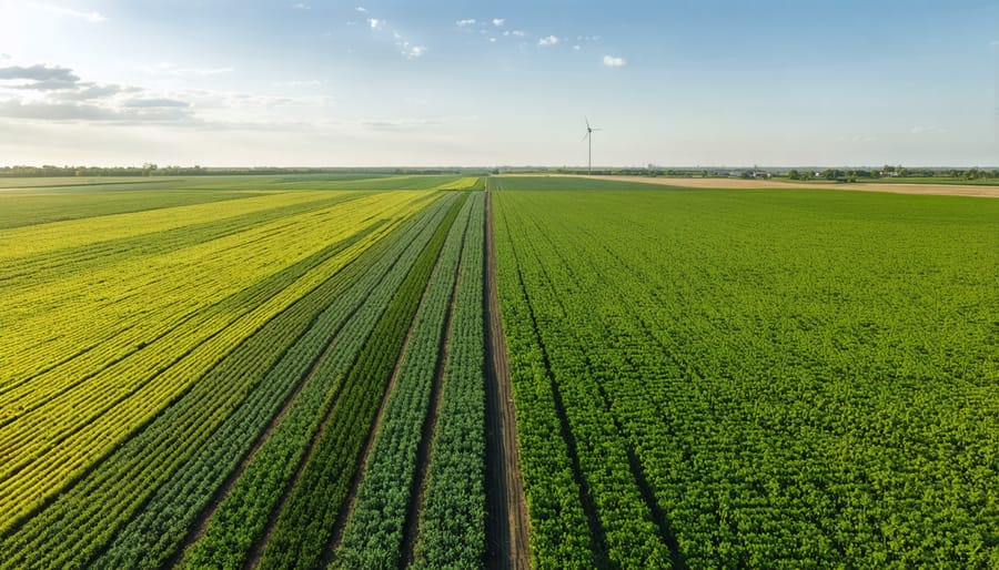 Bird's eye view of a sustainable bioenergy farm with integrated wildlife corridors and natural vegetation