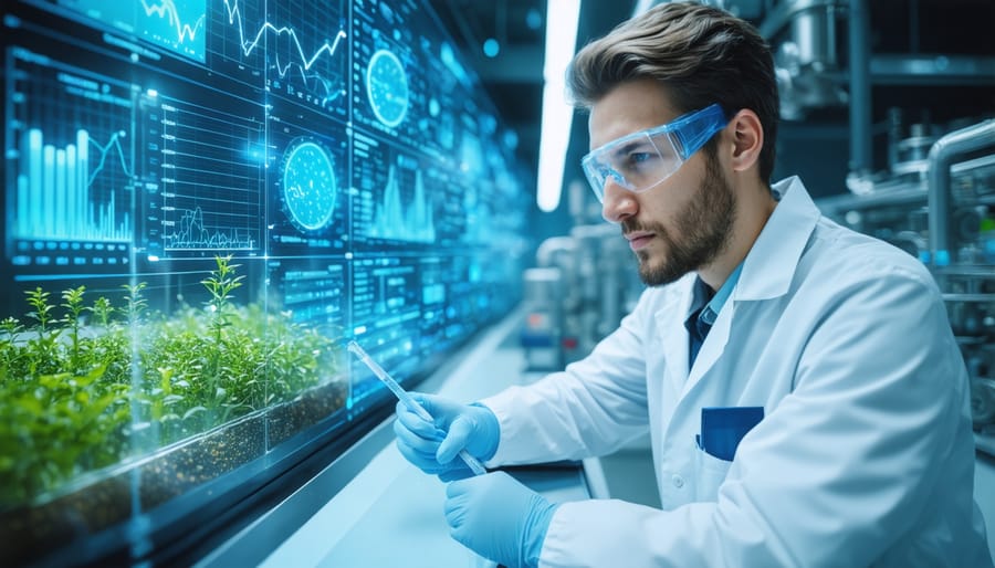 Researcher in lab coat analyzing modern biofuel processing equipment with multiple monitoring screens