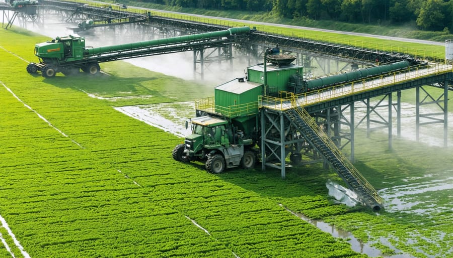 Modern industrial facility processing agricultural waste into biofuel, showing storage silos and processing equipment