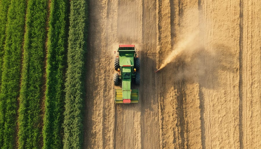 Harvesting machinery collecting agricultural waste for bioenergy production in a vast Australian field