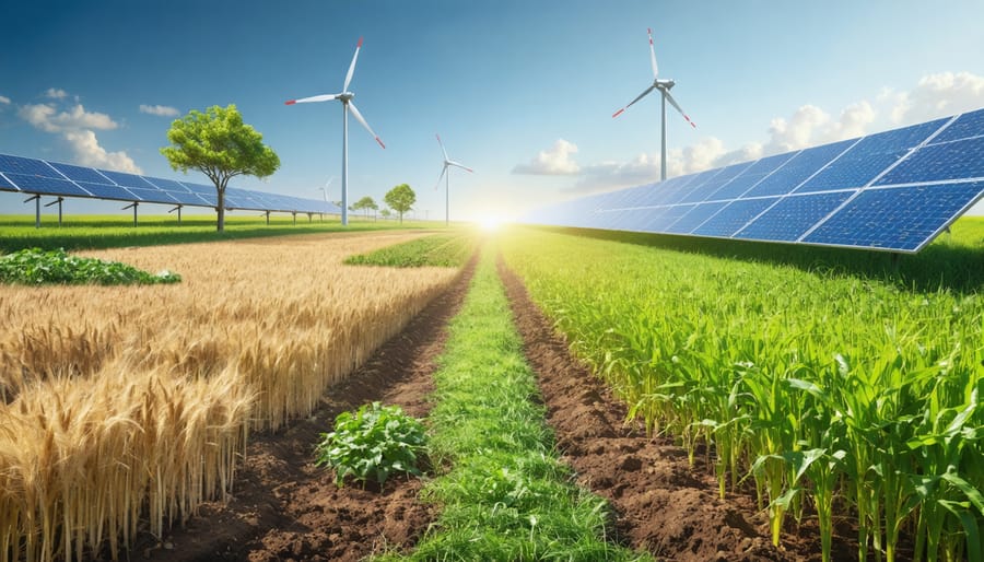 Illustration of Australia's agricultural landscapes with wheat and sugarcane fields, livestock areas converting biomass residues into renewable energy symbols.