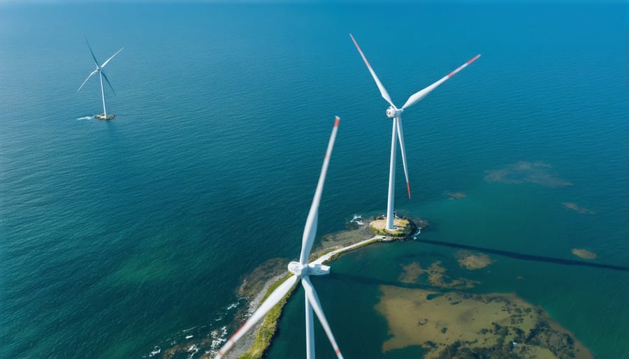 Panoramic aerial photograph of Albany Wind Farm with turbines positioned along the ocean cliffs