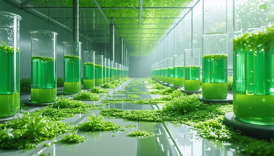 Scientists working with photobioreactors containing green algae cultures for biofuel research