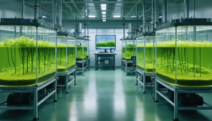 Scientists working with glass photobioreactors containing green algae cultures for biofuel research