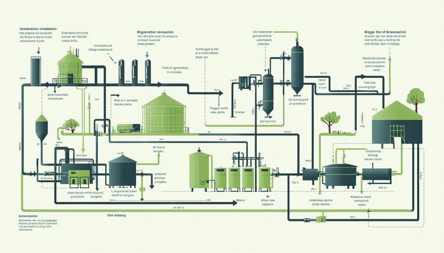 Technical illustration of anaerobic digestion process stages and components