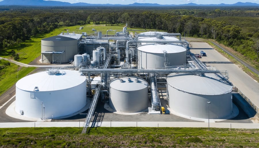 Modern anaerobic digestion plant with circular digester tanks and water treatment facilities