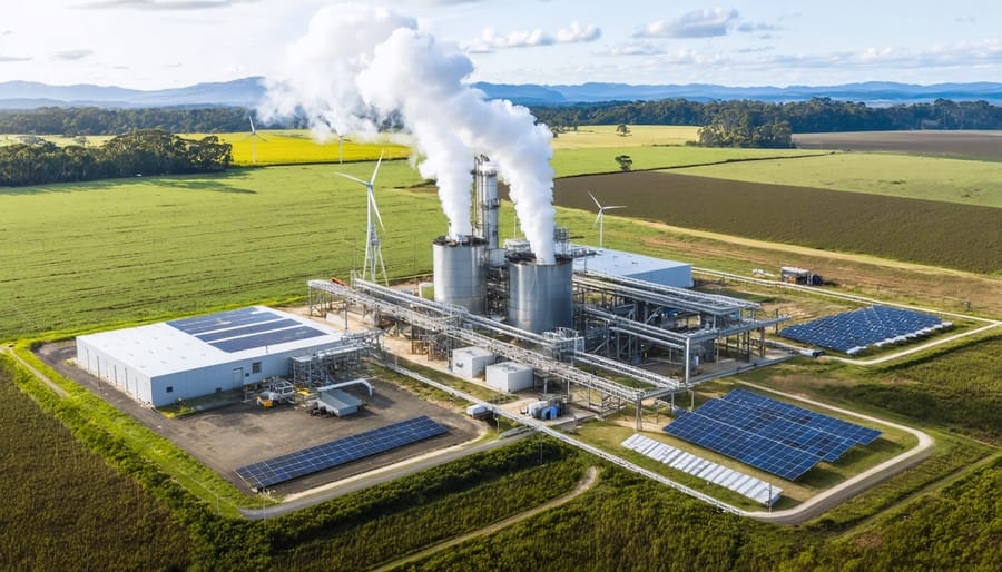 A scenic view of a bioenergy facility in rural Australia, featuring biomass storage, solar panels, and wind turbines, representing renewable energy integration and job creation.