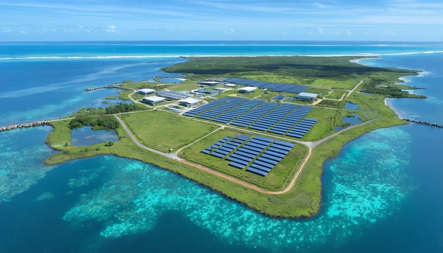 Aerial view of a bioenergy facility seamlessly integrated into Australia's diverse coastal ecosystem, featuring coral reefs, seagrass meadows, and mangrove forests.