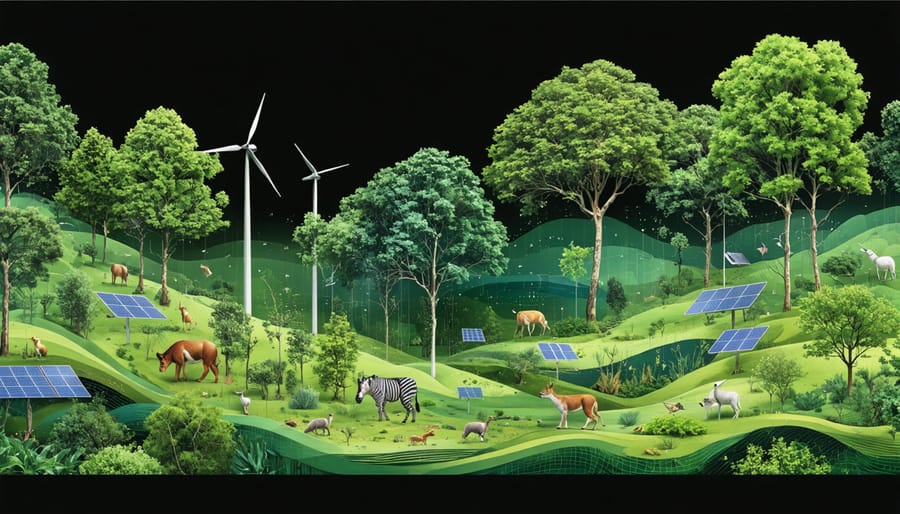 Conceptual illustration depicting the integration of bioenergy technology with Australia's natural landscapes, showing eucalyptus forests alongside clean energy icons, and native wildlife thriving in a harmonious ecosystem.