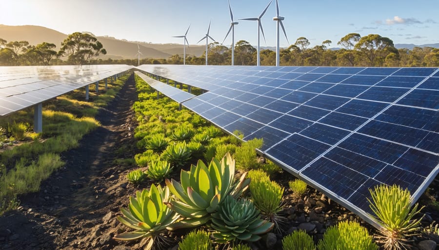 Artistic depiction of Australia's energy transformation with a blend of natural landscapes and modern bioenergy technologies, representing the integration of renewable energy sources in harmony with nature.