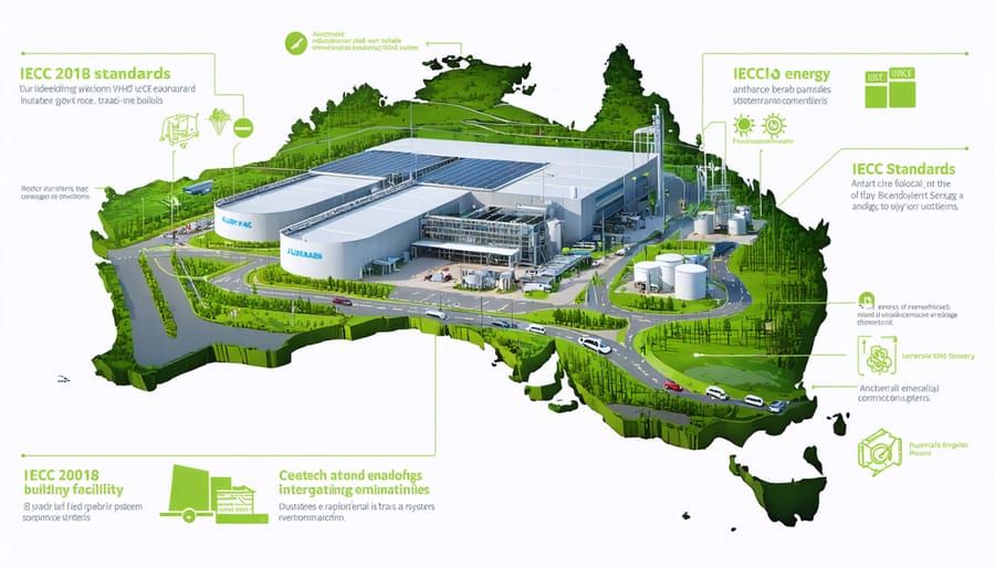 Conceptual depiction of an Australian bioenergy plant with global trade and IECC 2018 compliance elements, featuring building envelope improvements and smart energy systems.