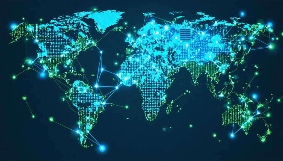 Conceptual world map showing interconnected global bioenergy research hubs, with Australia highlighted for its prominent role and resources like eucalyptus and sugarcane symbolizing its contributions.