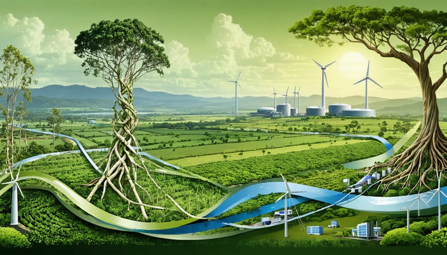 Artistic representation of Australia's bioenergy transformation, displaying bioenergy plants set within iconic Australian landscapes, symbolizing collaboration and innovation in sustainable energy.