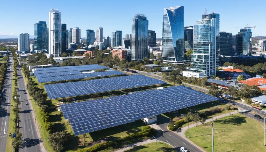 "Depiction of an Australian landscape where urban and rural areas are interconnected through solar and bioenergy solutions, illustrating the impact of smart energy policies on sustainability."