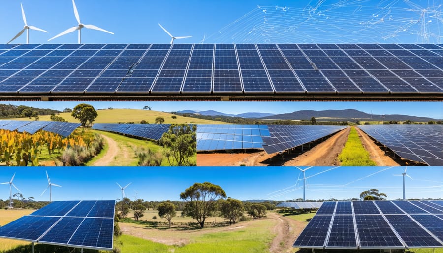 Scenic montage of Australia’s diverse landscapes featuring solar panels, wind turbines, and bioenergy facilities, representing community-driven energy independence and innovation.