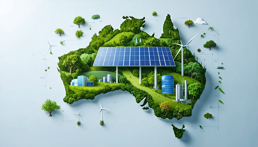 Illustrated map of Australia highlighting bioenergy initiatives with integrated wind turbines, solar panels, and technology symbols amid green foliage, symbolizing the country's sustainable energy transition.