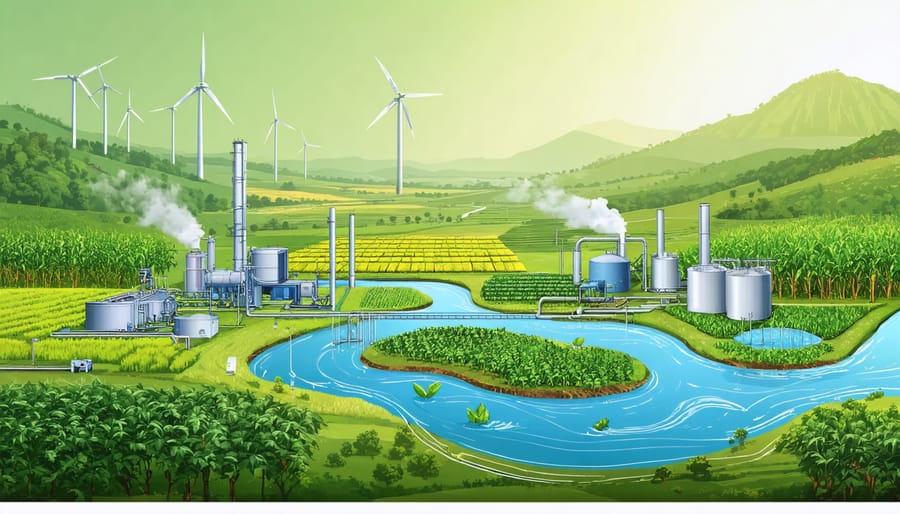 Illustration depicting Australian sugarcane fields and bioenergy facilities integrated with water treatment systems, symbolizing sustainable energy and water management.