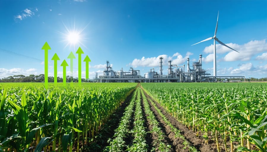 Lush sugarcane field with a modern biofuel processing facility in the background, symbolizing Australia's clean energy investment potential and sustainable growth.