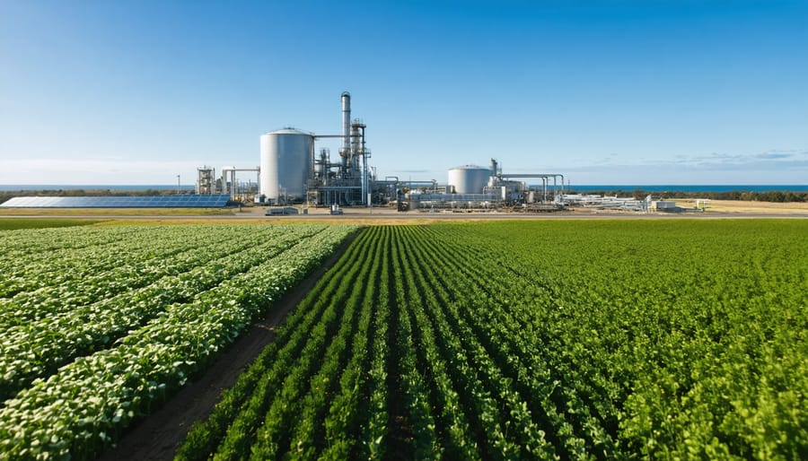 A futuristic biofuel production facility in Australia, surrounded by fields of sorghum and canola, with solar panels integrated into the setup, under a clear blue sky.