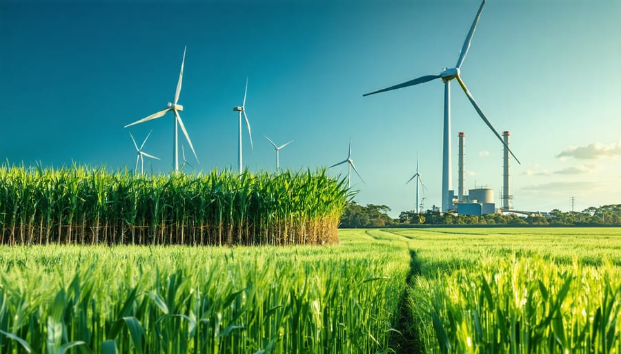 Australian landscape depicting sugar cane and wheat fields integrated with biomass energy production, symbolizing the shift to renewable energy in agriculture.