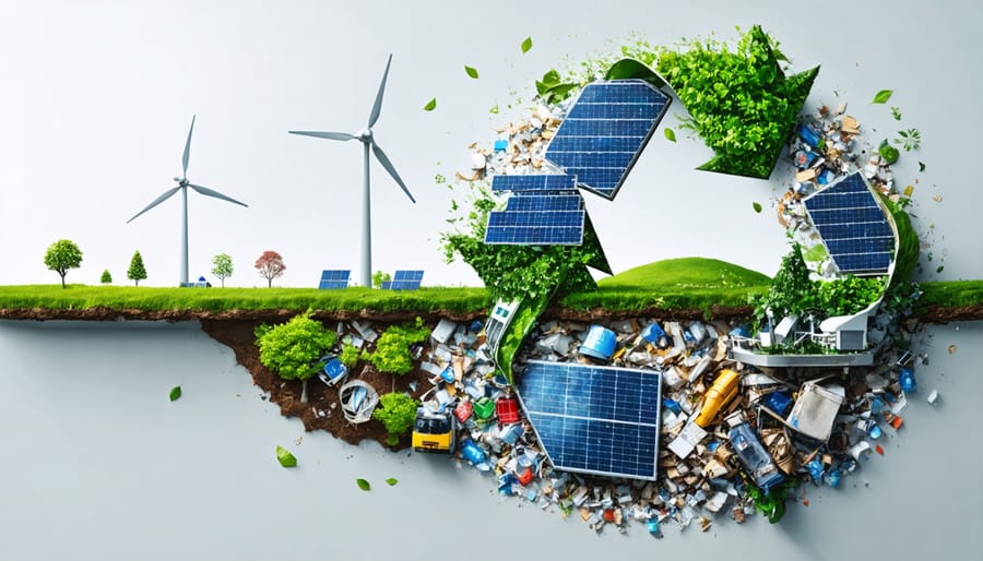 Conceptual illustration showing Australia's transition from waste to clean energy within a circular economy, featuring symbols of recycling and renewable energy.