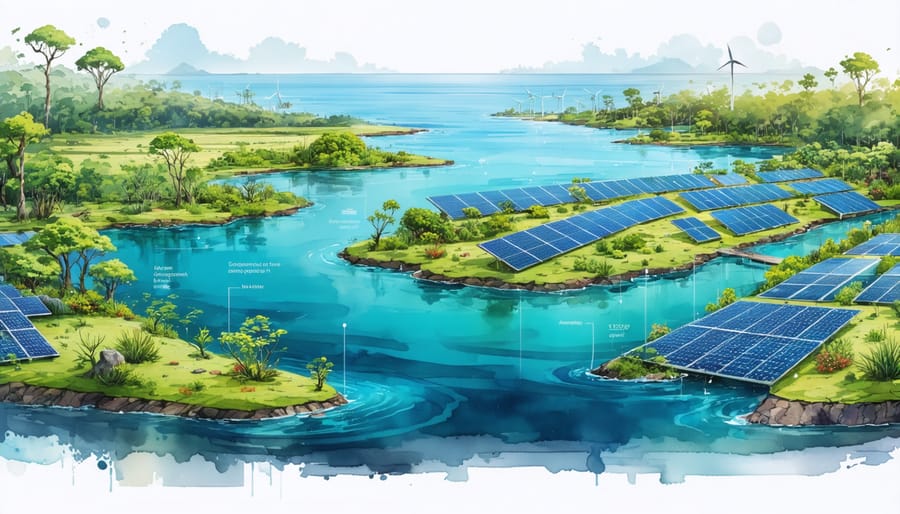 Illustration of Australia's diverse coastal ecosystems integrating natural landscapes with renewable energy innovations like algae farms and bioenergy systems.