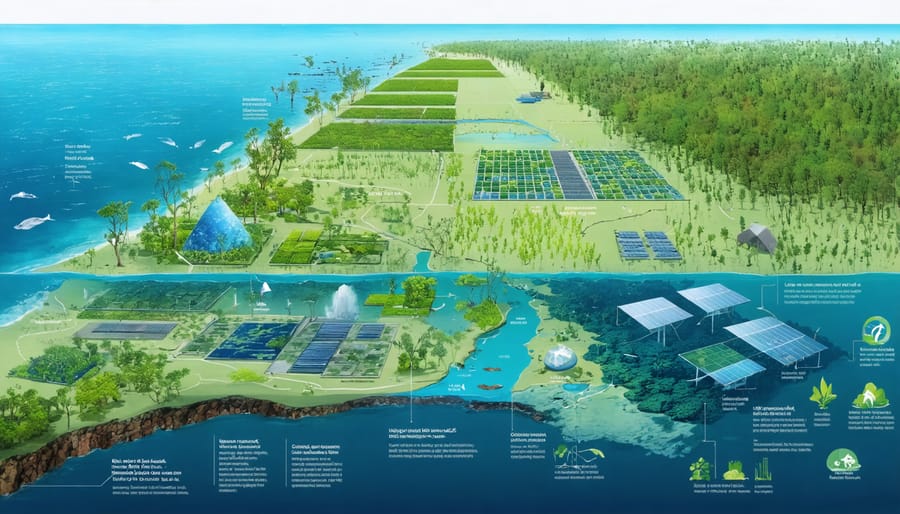 Artistic depiction of Australia's coastal ecosystems, featuring mangrove forests, seagrass meadows, and a background of the sunlit Australian coastline, illustrating the theme of sustainability and bioenergy.