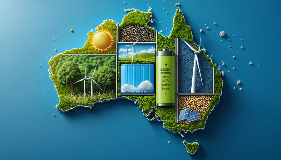 Conceptual illustration of Australia's energy transformation through advanced battery materials, featuring a map of Australia made from various next-generation batteries like solid-state and sodium-ion. The image includes symbols representing renewable energy sources like solar panels and wind turbines.