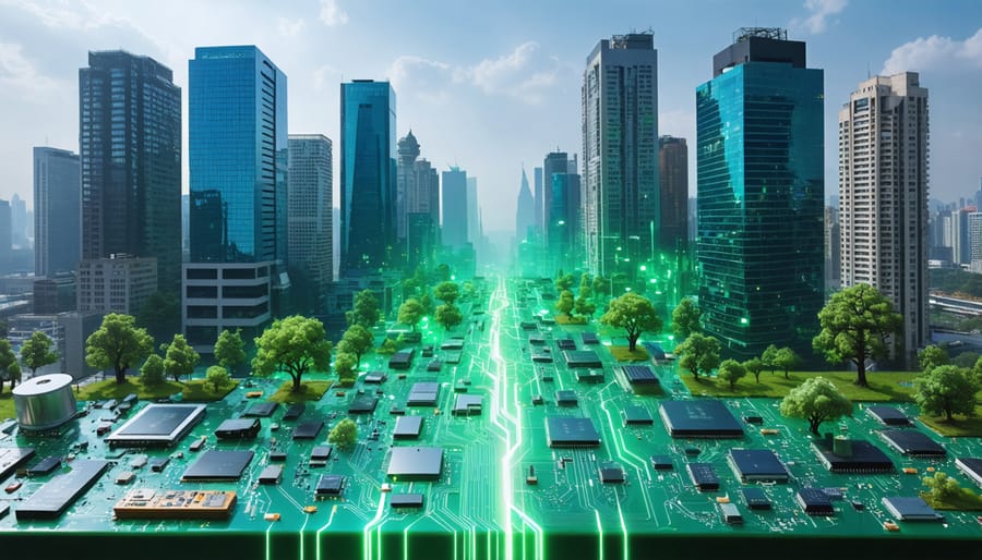 Futuristic city powered by clean energy derived from electronic waste, highlighting the transformation of discarded electronics into renewable energy resources.