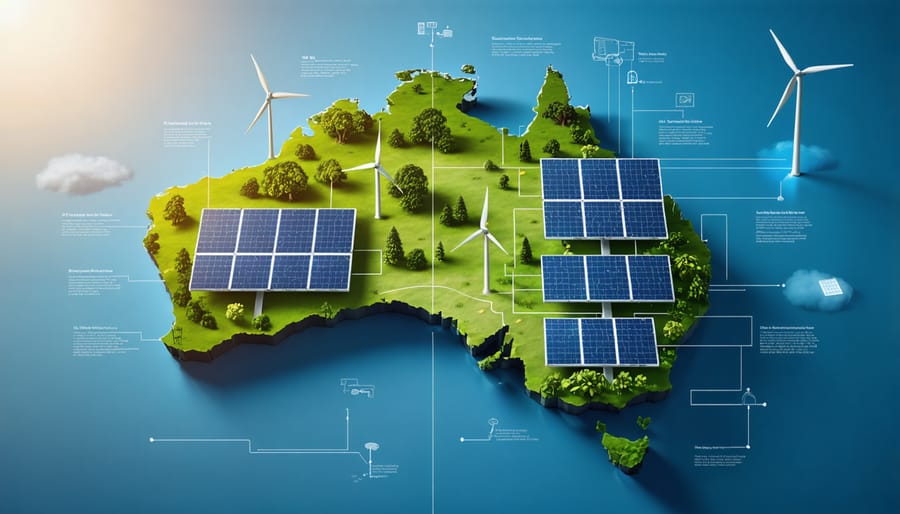 Conceptual map of Australia showing interconnected microgrid components like solar panels, wind turbines, and batteries, symbolizing energy independence and renewable integration.