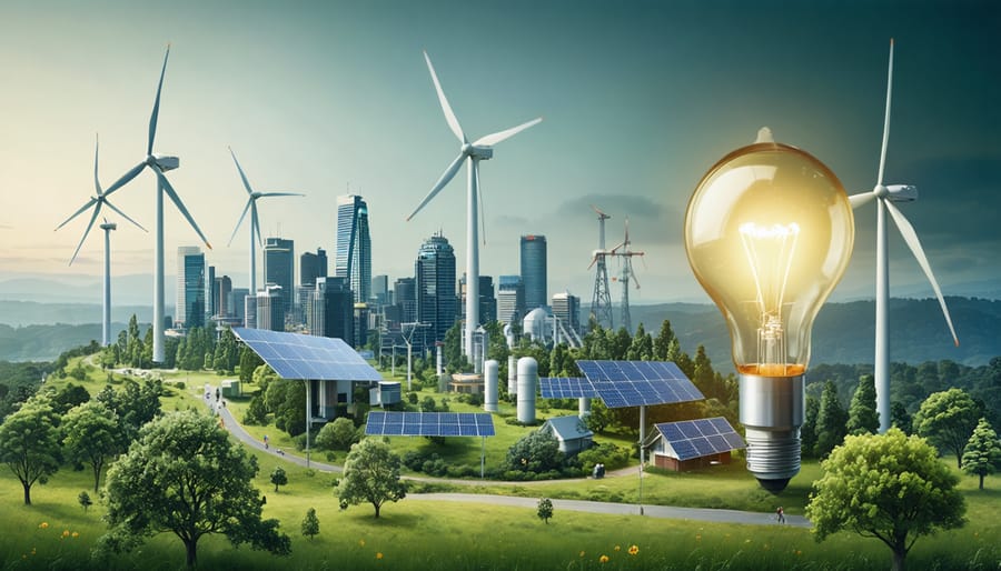 Conceptual illustration of a futuristic Australian city powered by clean energy, showcasing waste-to-energy plants, solar panels, and wind turbines, symbolizing the transition to a zero-waste economy.