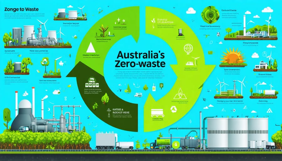 Infographic showcasing Australia's journey towards a zero-waste economy, highlighting waste-to-energy processes and sustainable resource management.